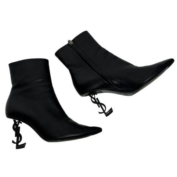 YSL Yves Saint Laurent OPYUM Logo Heel Boots Ankle Booties Black 36 5.5 6 - Picture 8 of 15